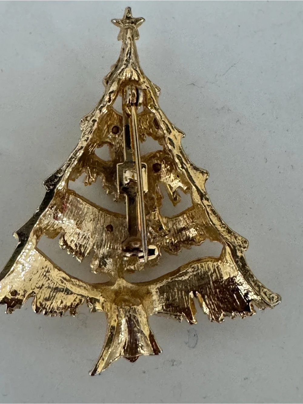 Vintage Gold Christmas Tree Brooch with Red, Green, and Blue Rhinestones